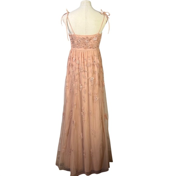 BHLDN Tulle Floral Embroidered Gown Peach Spaghetti Strap Maxi Dress Size 12 - Picture 2 of 16